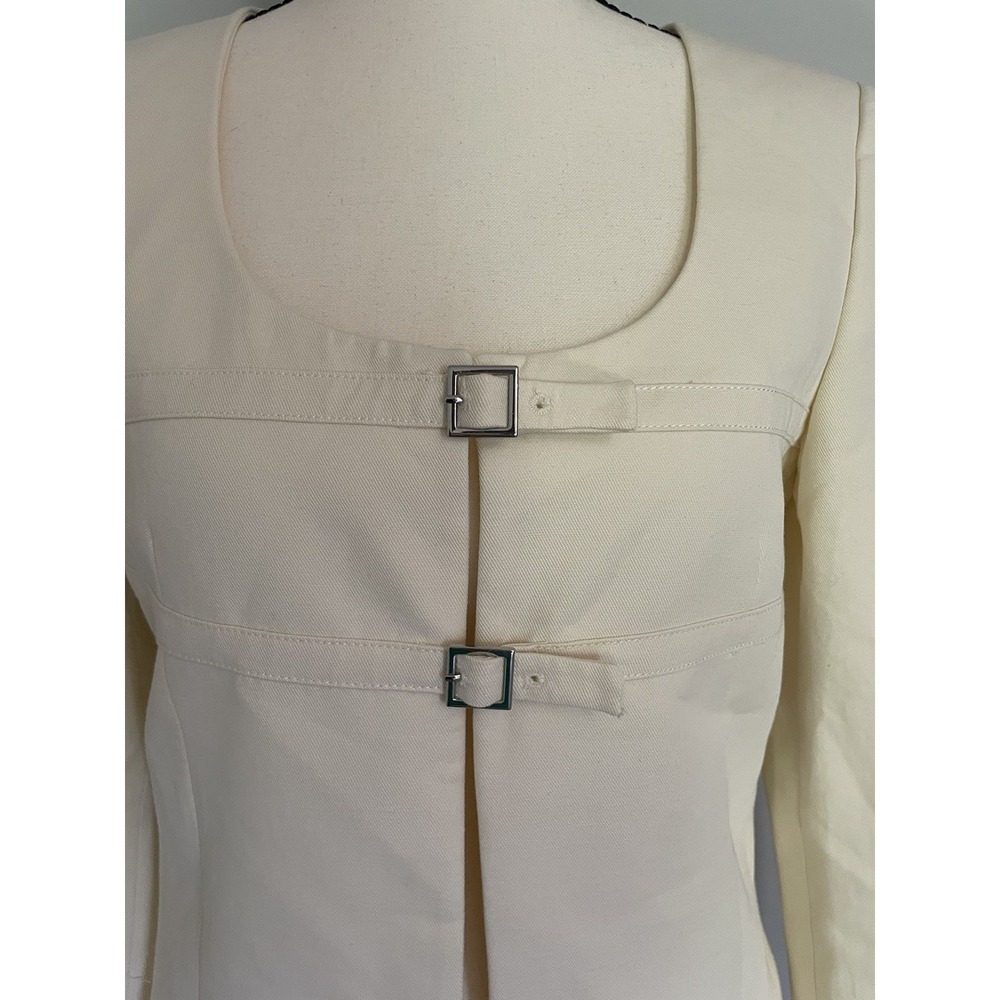 MANGO Double Buckle Cotton Linen Blend Cream Lined Short Blazer Size XS - Picture 5 of 13